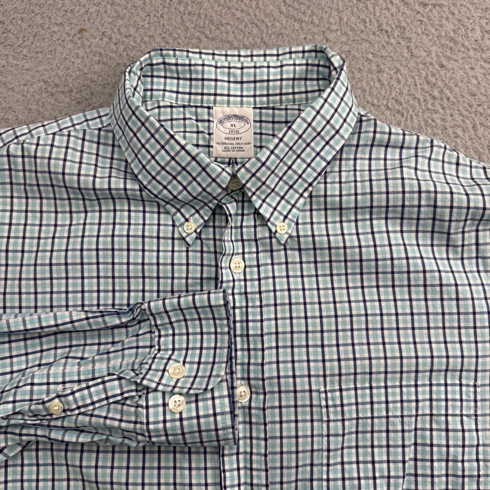 Brooks Brothers Dress Shirt Mens XL Green Blue Check Long Sleeve Regent Cotton